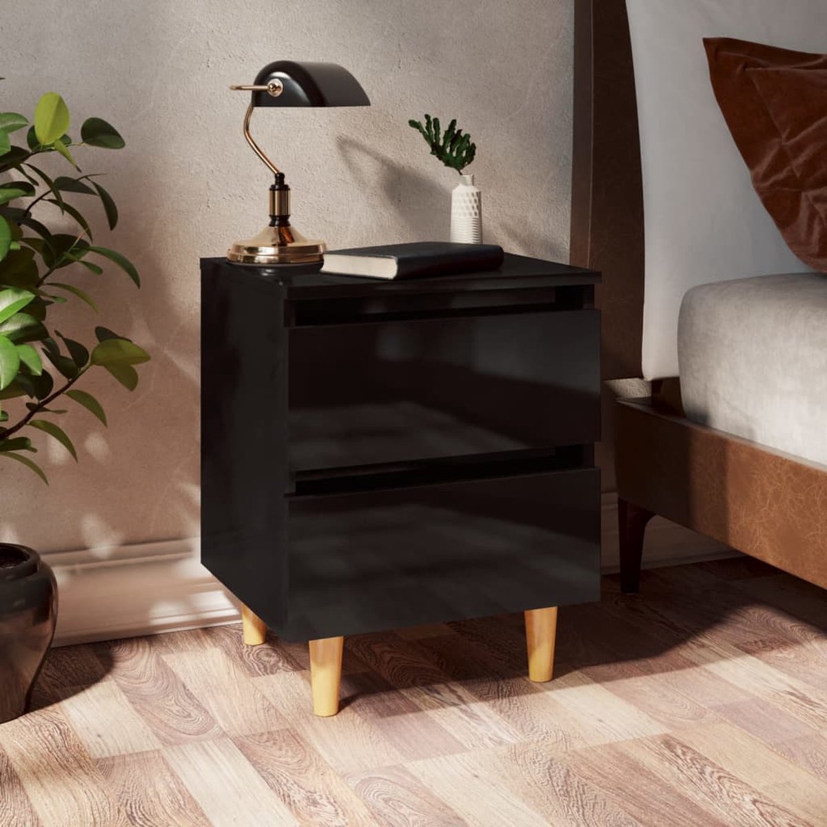 Vidaxl Nachtkastjes 2 St Met Houten Poten 40x35x50 Cm Hoogglans - Zwart