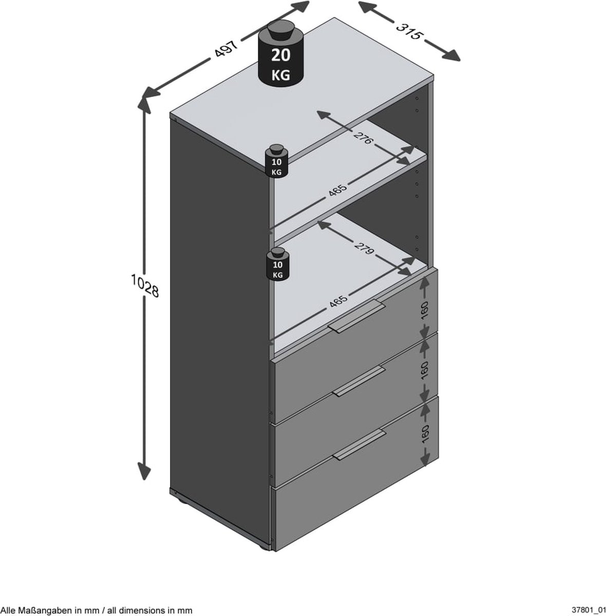 Fmd Dressoir Met 3 Lades En Open Schappen - Zwart