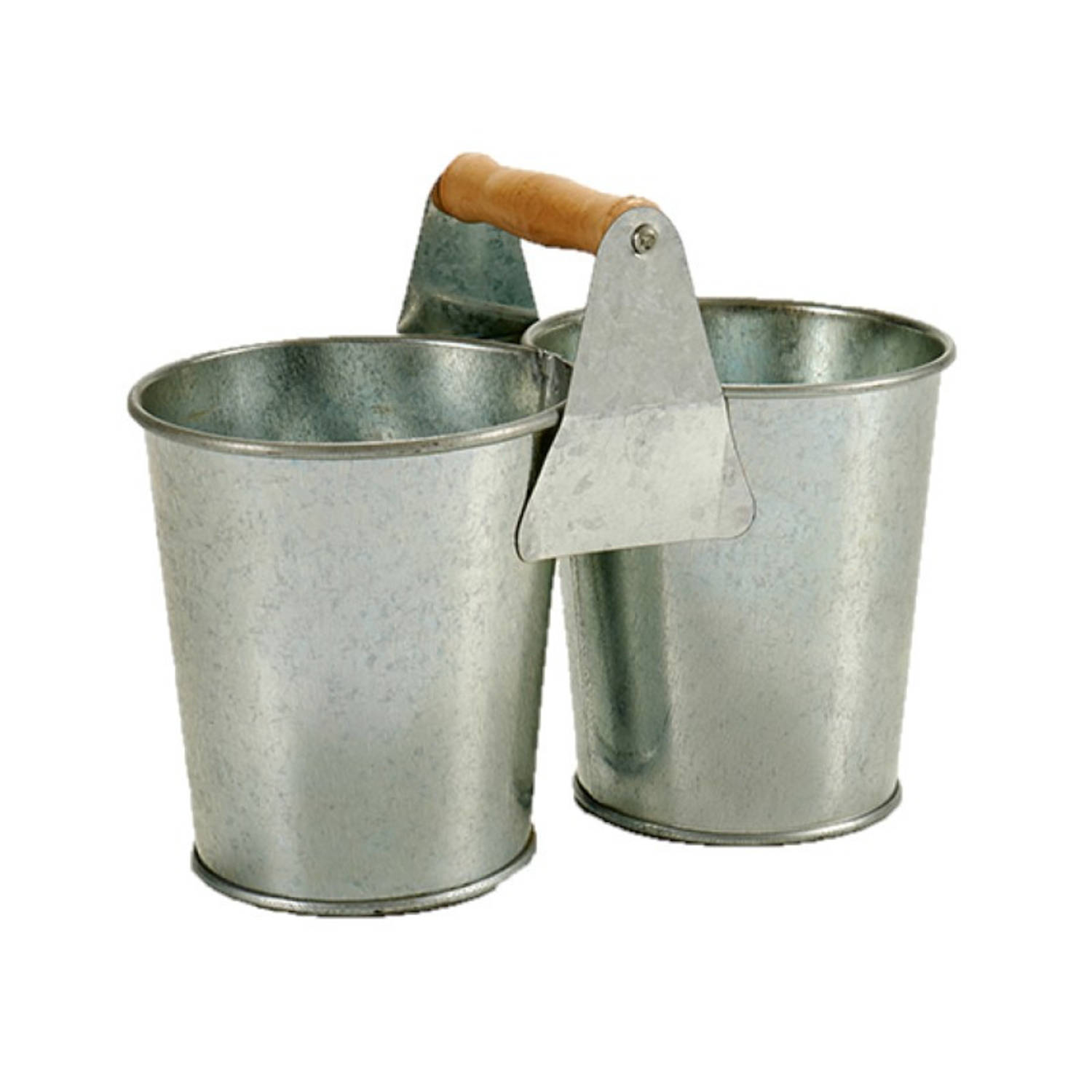 Dubbele Bloempot/plantenbak Zinken Emmer Met Houten Handvat 20 X 10 X 15 Cm - Plantenbakken - Silver