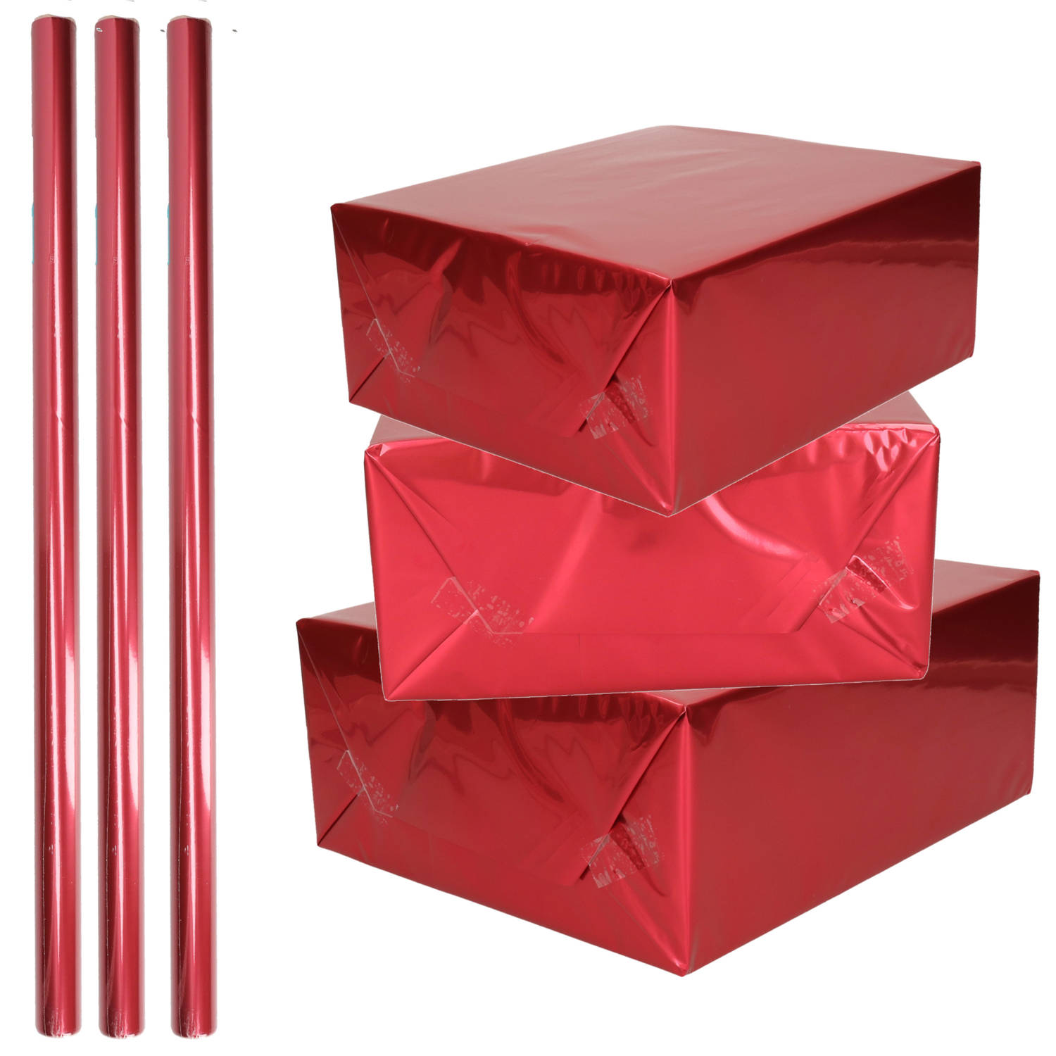 3x Rollen Inpakpapier / Cadeaufolie Metallic 200 X 70 Cm - Kadofolie / Cadeaupapier - Rood