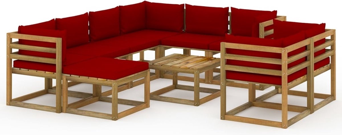 Vidaxl 10-delige Loungeset Met Wijnrode Kussens - Bruin