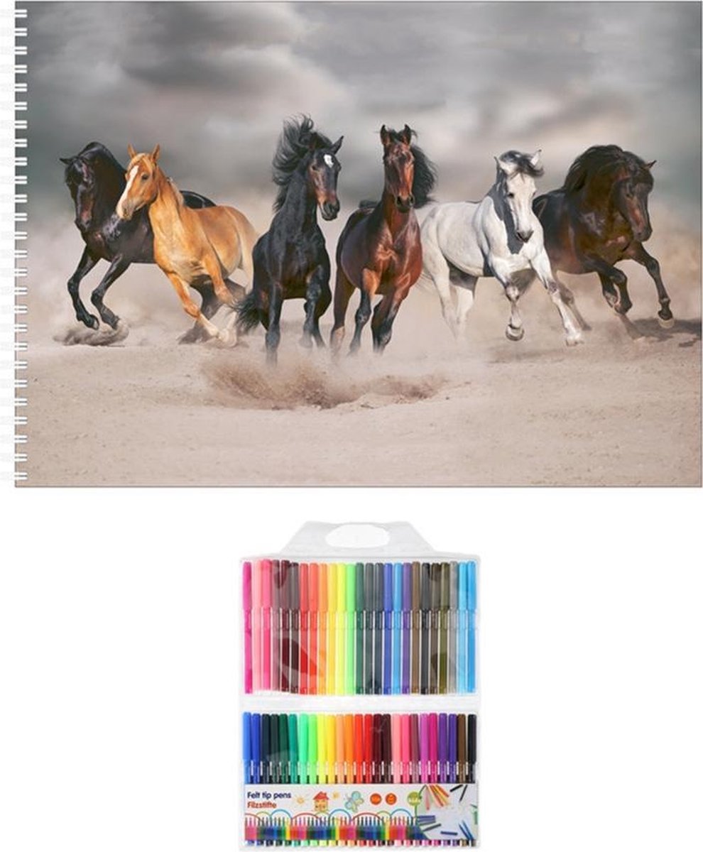 Bellatio Decorations Schetsboek Paarden Liefhebbers A4 50 Paginas Met 50 Viltstiften - Schetsboeken
