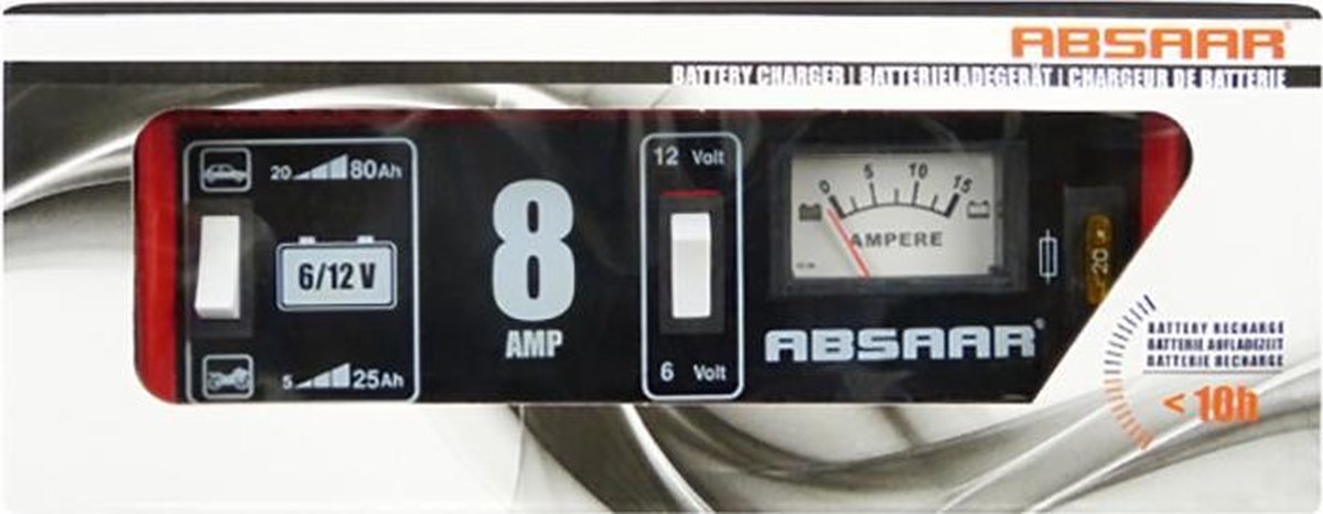 Absaar Acculader 6/12 Volt 5-80 Ah 8 Ampère - Rood