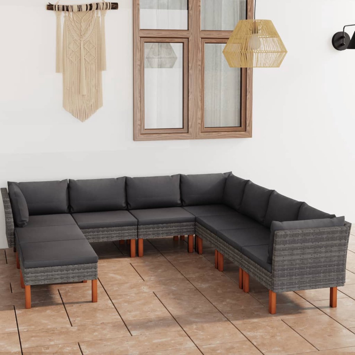 Vidaxl 9-delige Loungeset Met Kussens Poly Rattan - Grijs