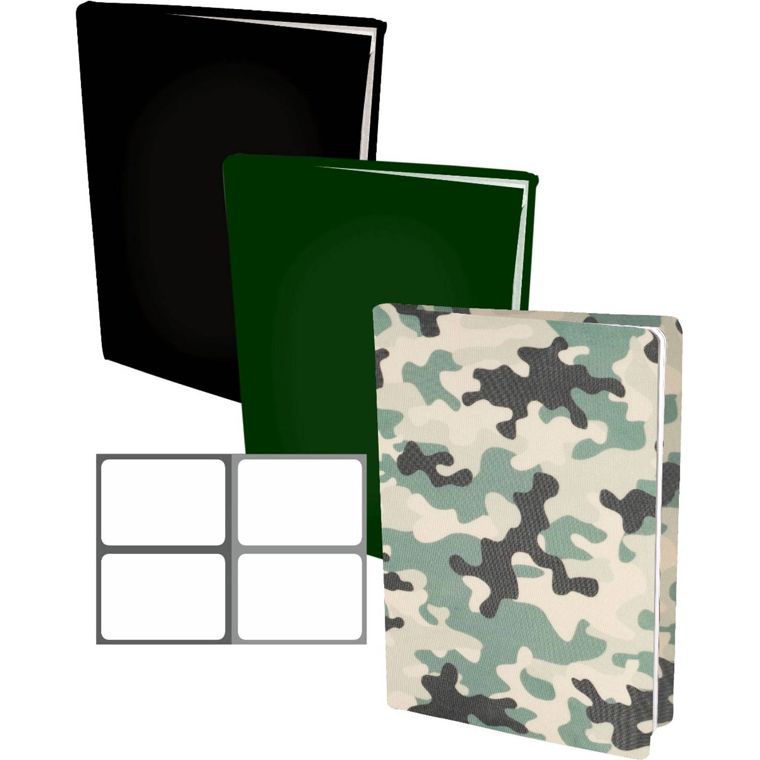 Benza Assortiment Rekbare Boekenkaften A4 - 2 X Camouflage - 2 X - 2 X Groen Inclucief Labels - Zwart