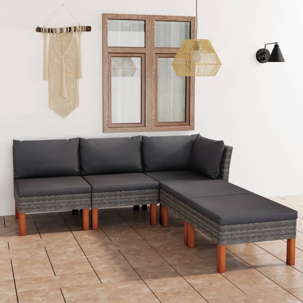 Vidaxl 5-delige Loungeset Met Kussens Poly Rattan - Grijs