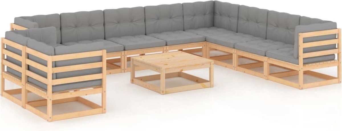 Vidaxl 11-delige Loungeset Met Kussens Massief Grenenhout - Gris