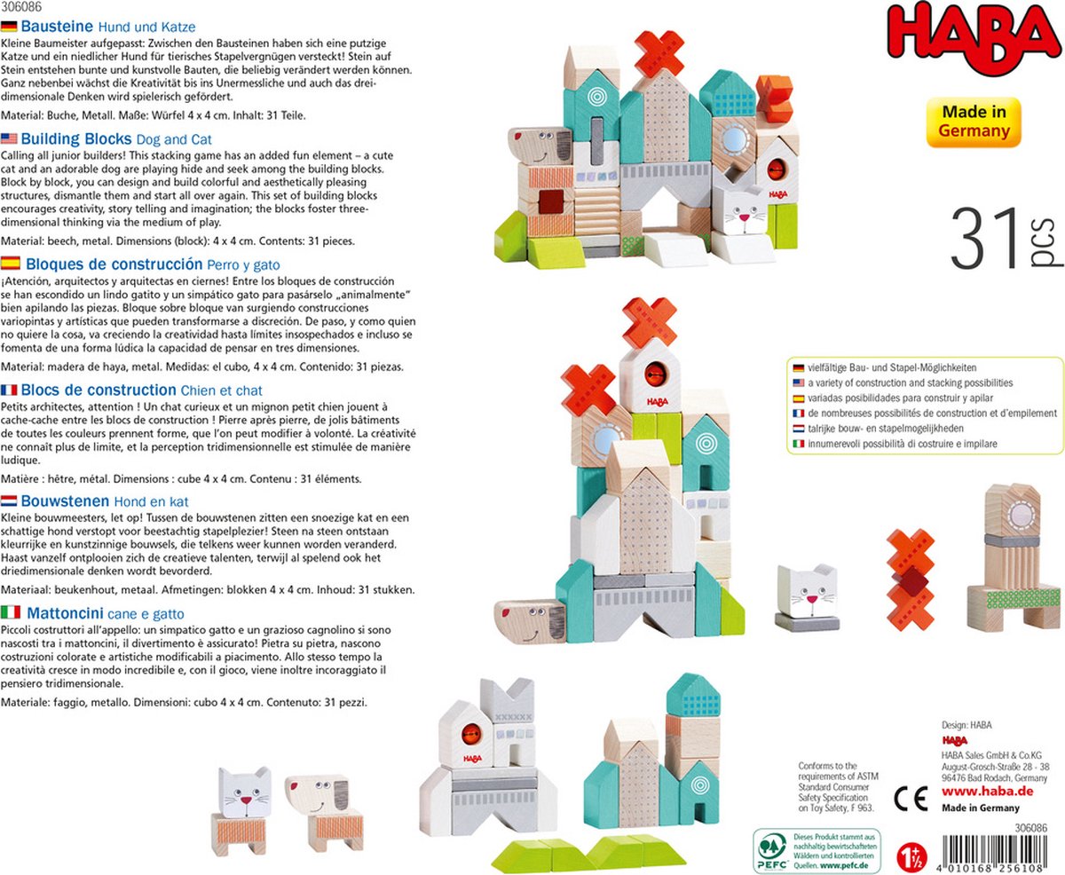 HABA bouwstenen Hond en Kat hout 31 delig