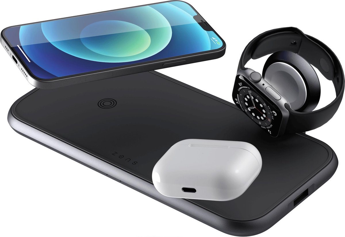 Zens 3-in-1 Draadloze Oplader 10W met Apple Watch Lader - Zwart