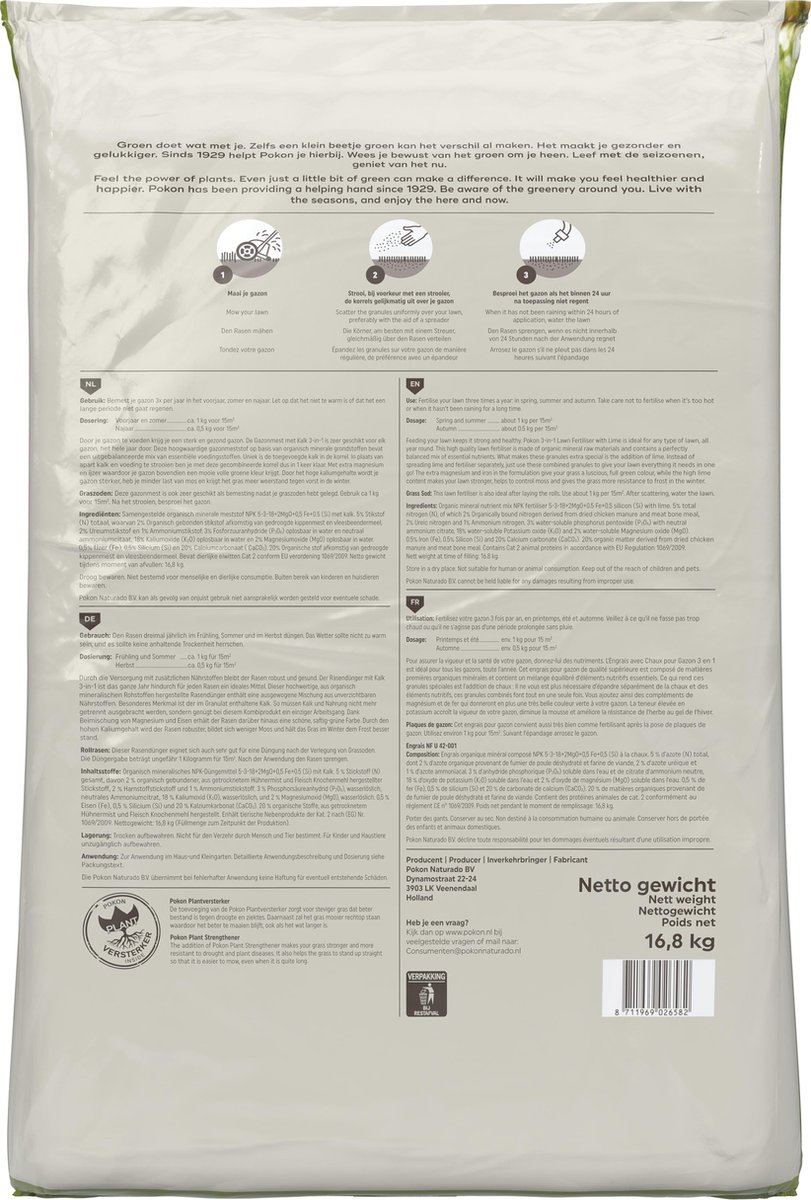 Pokon gazonmest met Kalk 3 in 1 - 250 m2