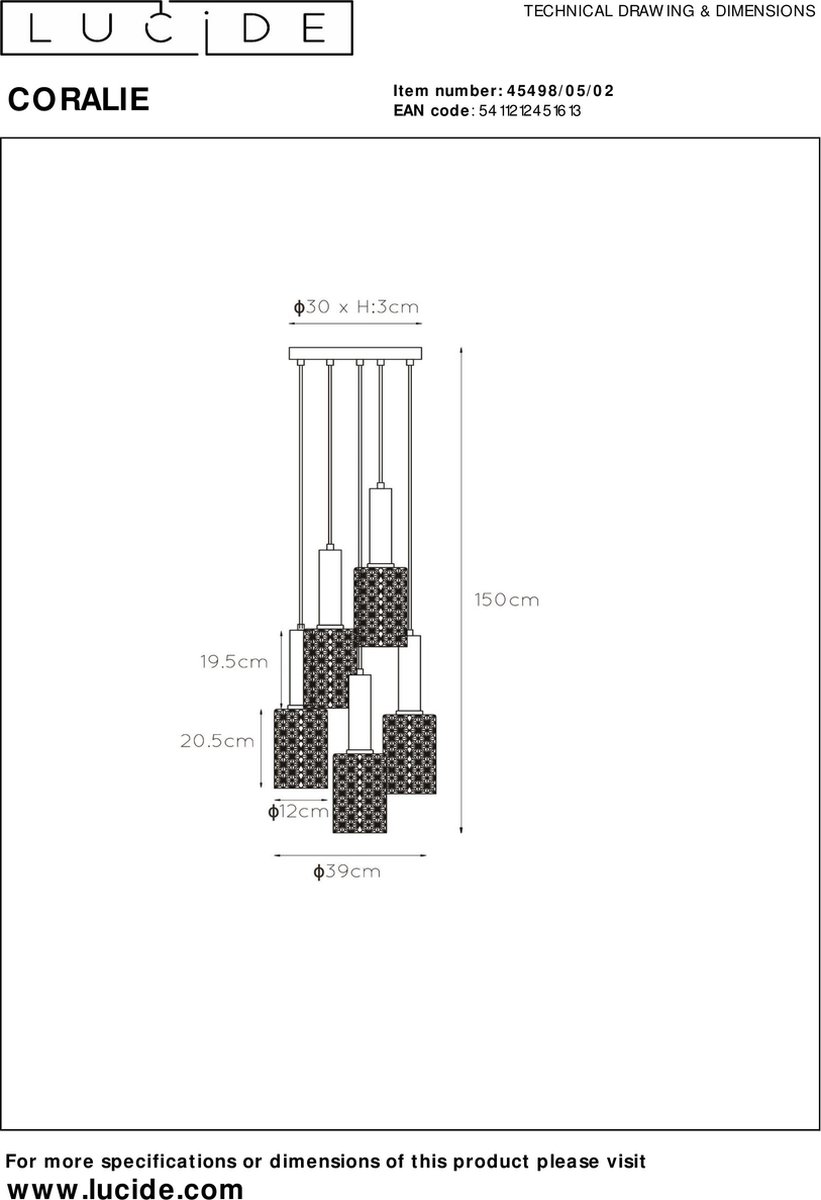 Lucide Coralie Hanglamp - Mat - Goud