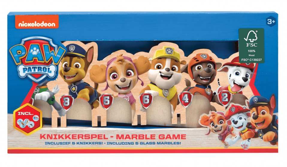 Nickelodeon knikkerspel Paw Patrol junior hout/glas 6 delig