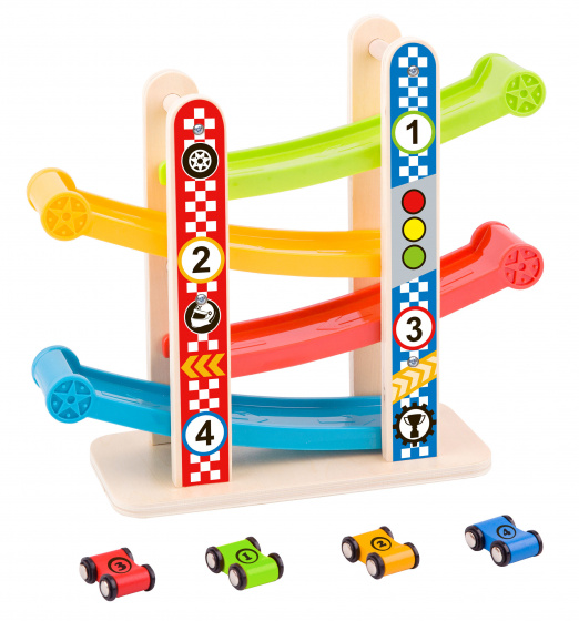 Tooky Toy racebaan junior hout naturel/rood/blauw 5 delig
