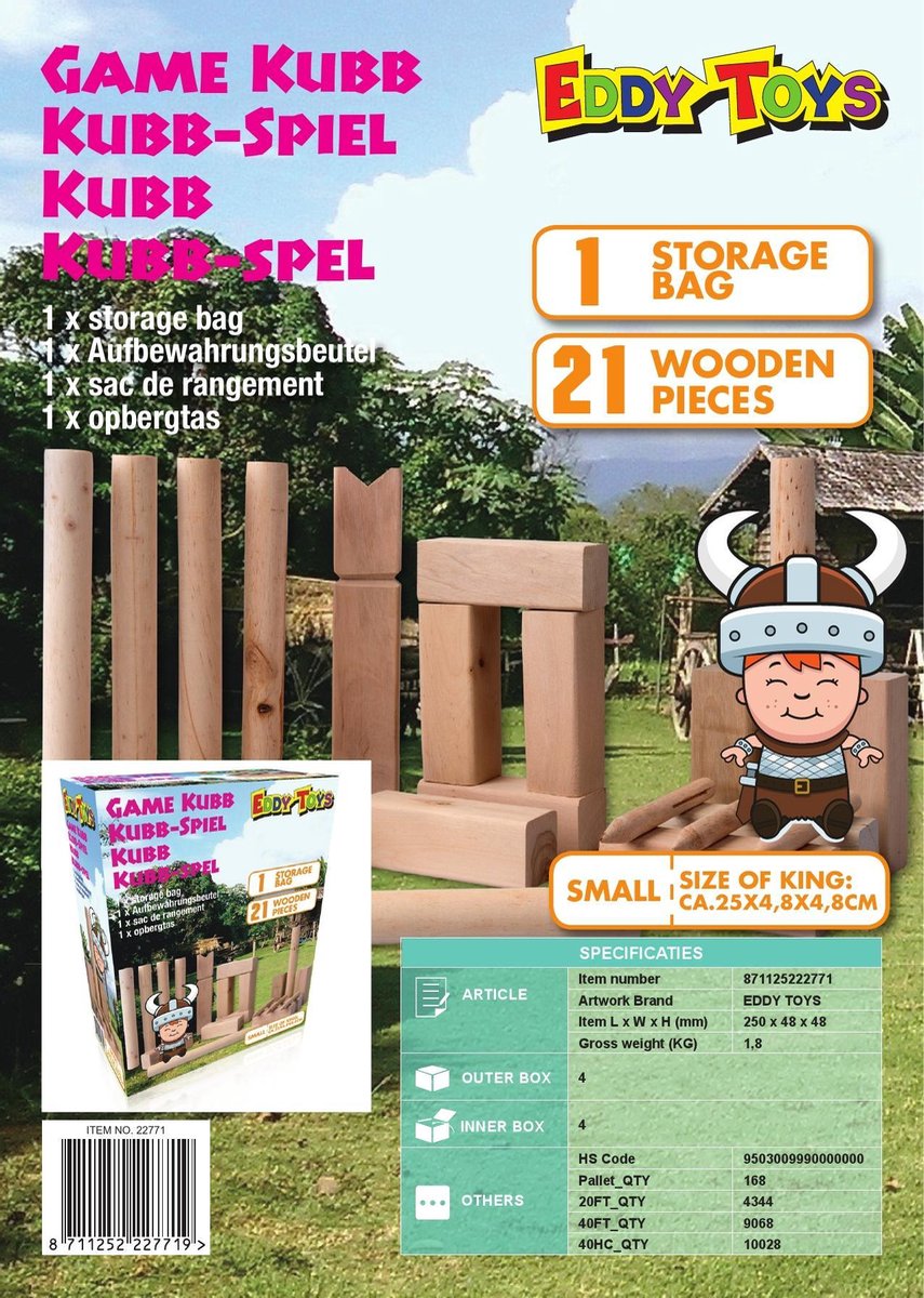 Eddy Toys kubbspel hout 25 cm 21 delig - Zwart