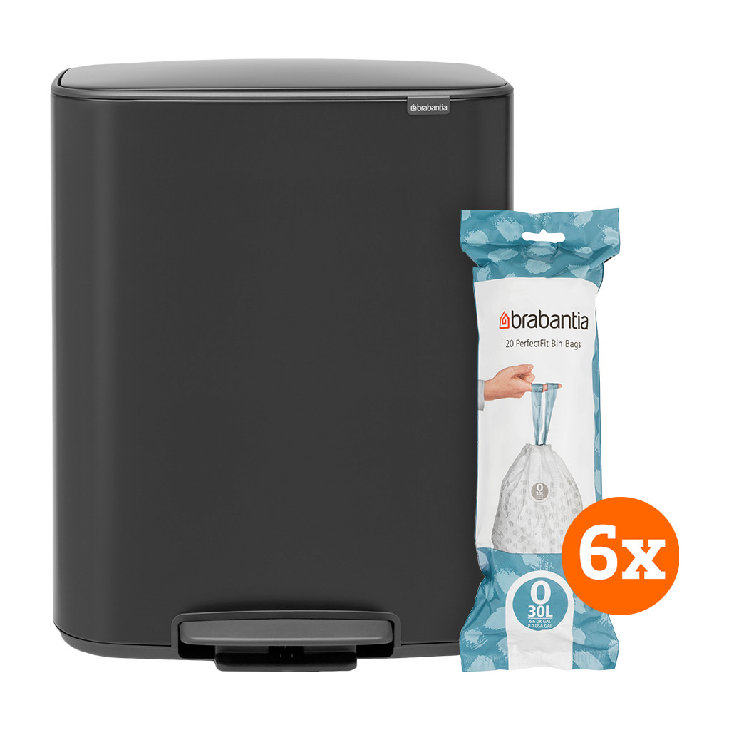 Brabantia Bo Pedal Bin 2 x 30 Liter Matt Black + Vuilniszakken (120 stuks)