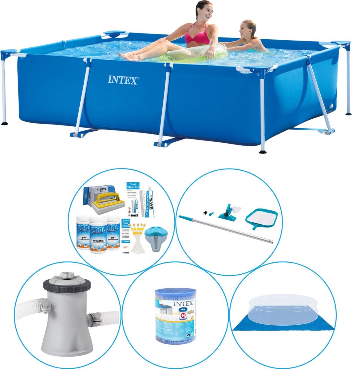 Intex Frame Pool Rechthoekig 220x150x60 Cm - 6-delig - Zwembad Combi Deal - Blauw