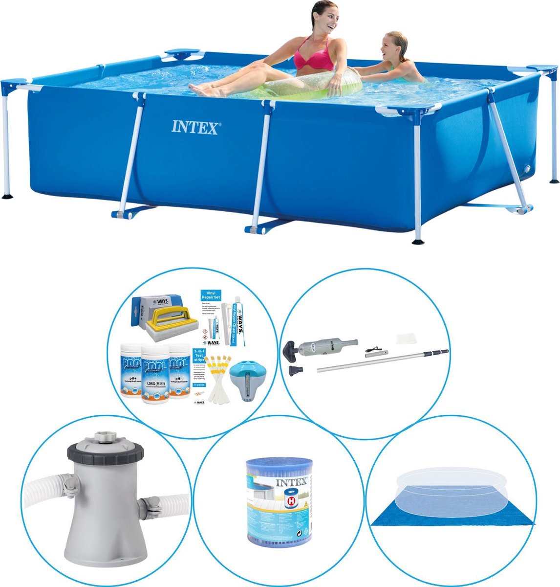 Intex Frame Pool Rechthoekig 220x150x60 Cm - 6-delig - Zwembad Inclusief Accessoires - Blauw