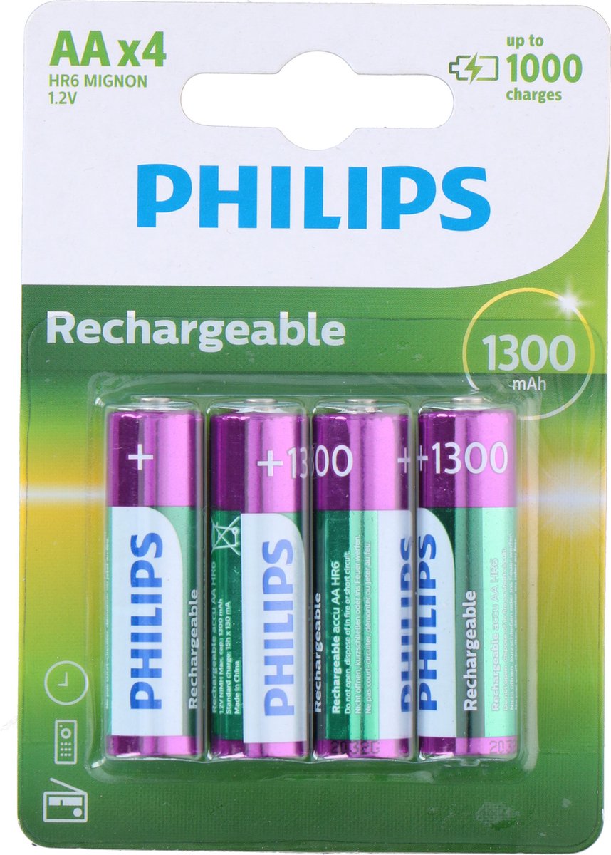 Philips Oplaadbare Batterijen Aa - 4 Stuks - Nimh - 1300 Mah - Tot 1000 Keer Oplaadbaar