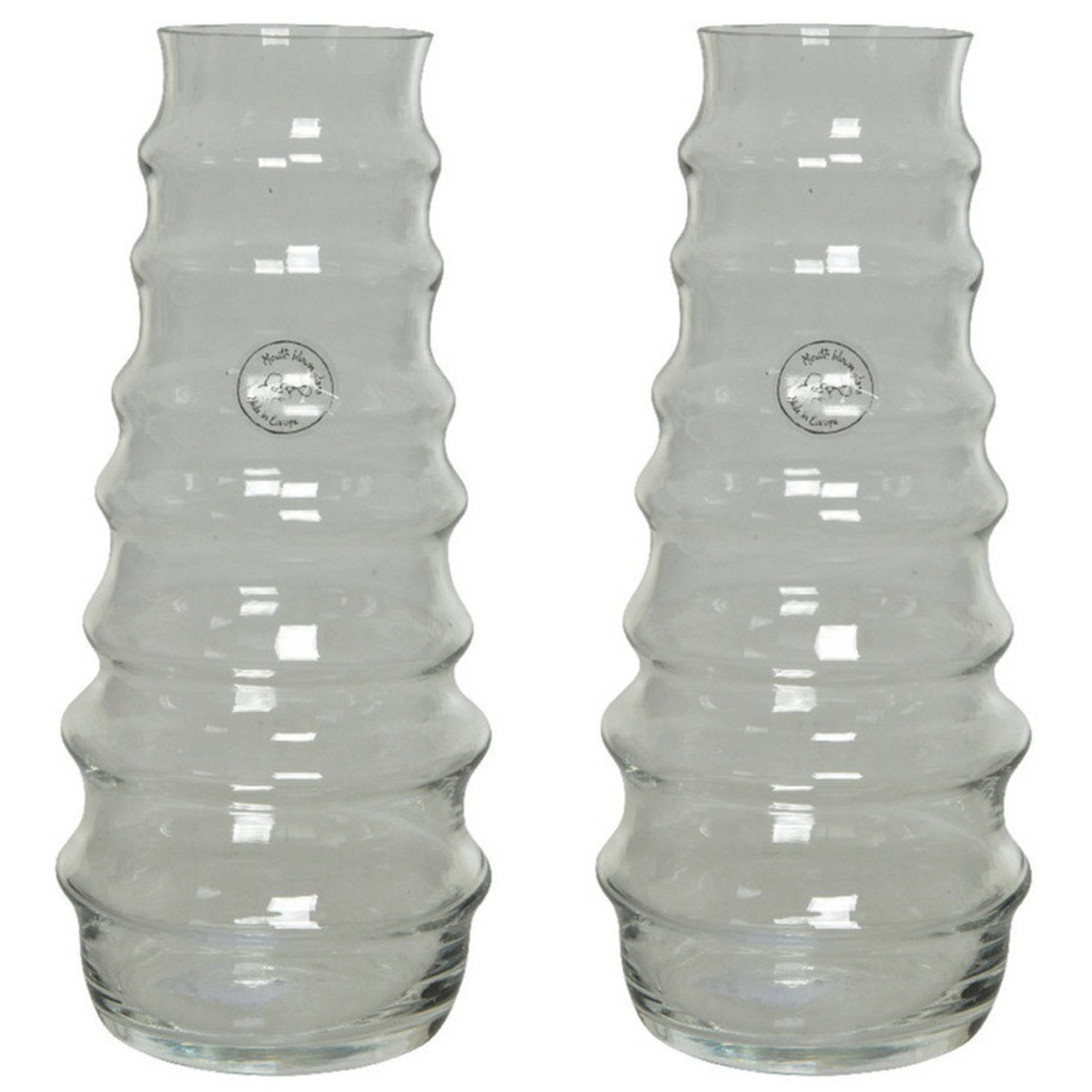 Decoris Set Van 2x Stuks Handgemaakte Vazen/bloemenvazen Ribbel 3,5 Liter Van Glas 13 X 30 Cm - Vazen