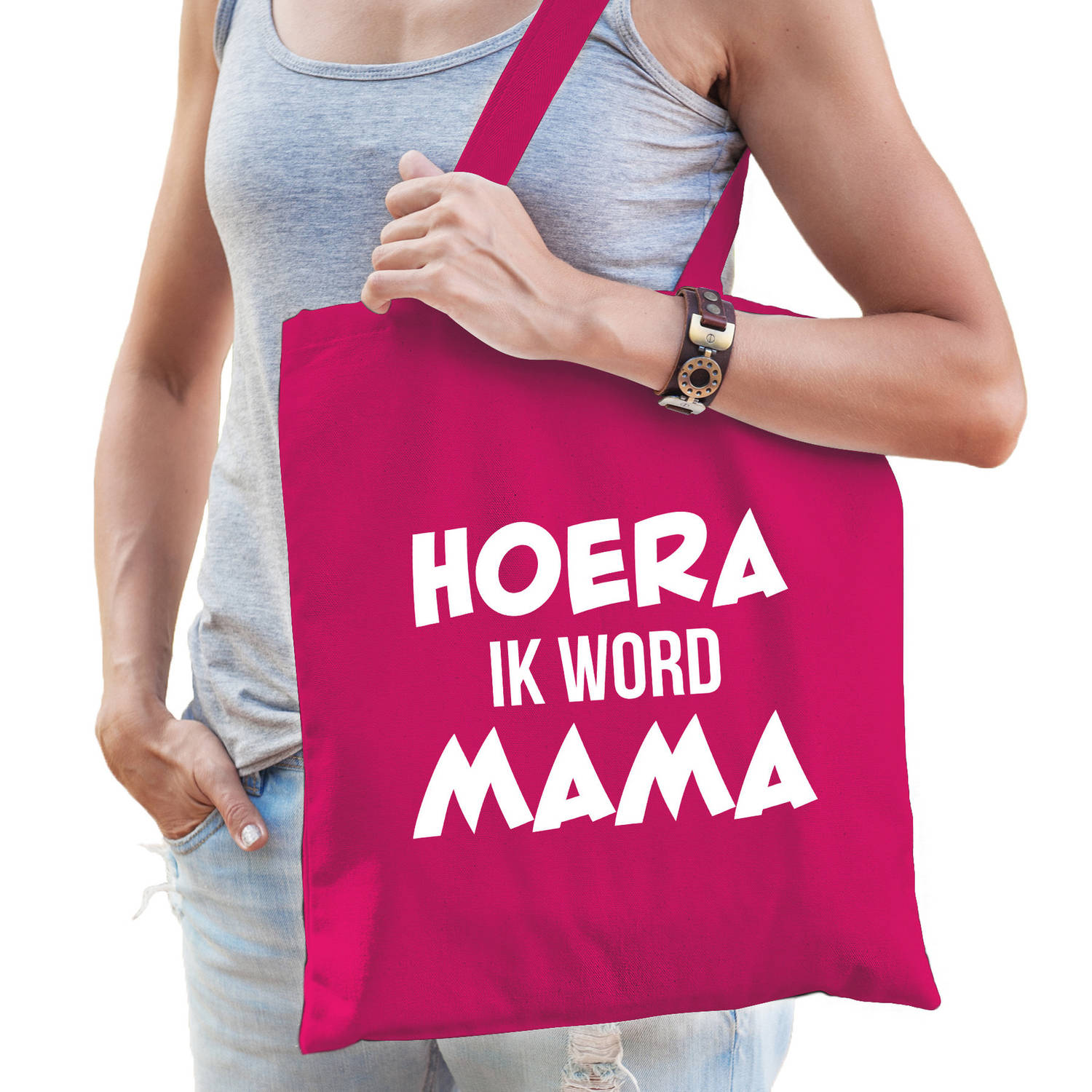 Bellatio Decorations Hoera Ik Word Mama Cadeau Katoenen Tas Fuchsia Voor Dames - Cadeau Aanstaande Mama - Feest Boodschappentassen - Roze