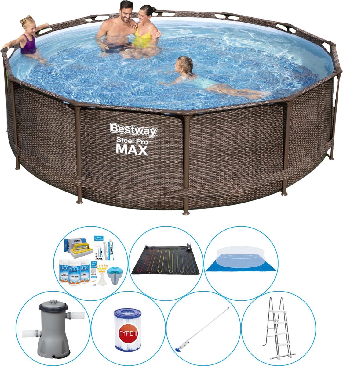 Bestway Steel Pro Max Rattan 366x100 Cm - 8-delig - Zwembad Set - Bruin