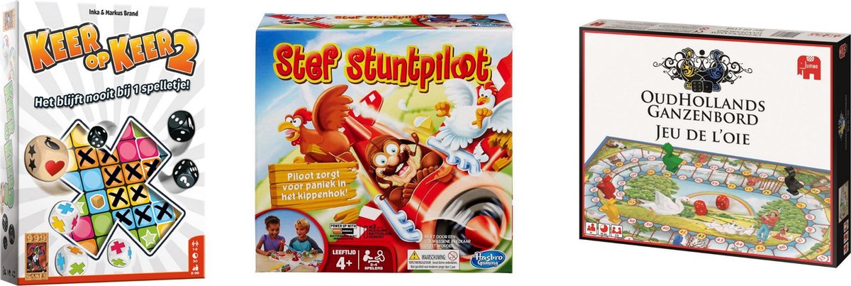 999Games Spellenset - 3 Stuks - Keer Op Keer 2 & Ganzenbord & Stef Stuntpiloot