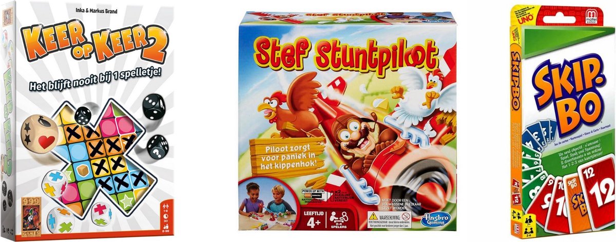 999Games Spellenset - 3 Stuks - Keer Op Keer 2 & Skip-bo & Stef Stuntpiloot