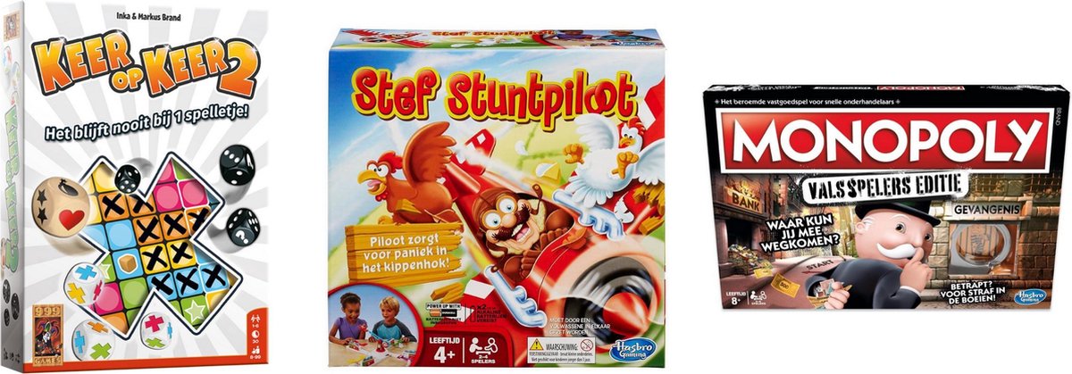 999Games Spellenset - 3 Stuks - Keer Op Keer 2 & Monopoly Valsspelerseditie & Stef Stuntpiloot