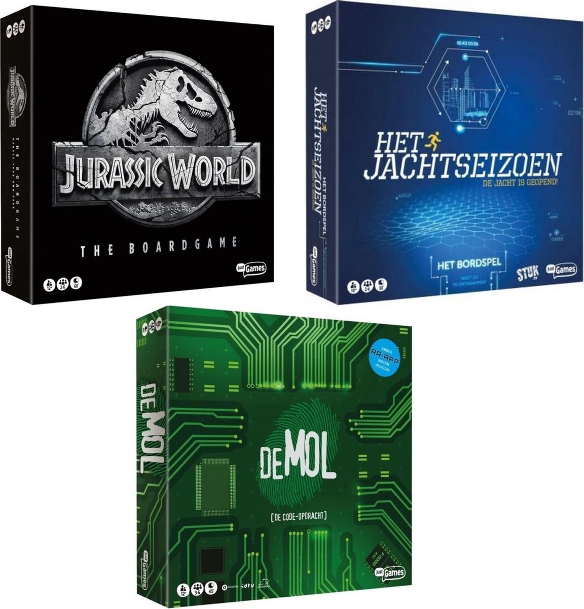 Spellenset - 3 Stuks - Jurassic World The Boardgame & Het Jachtseizoen & Wie Is De Mol De Code Opdracht