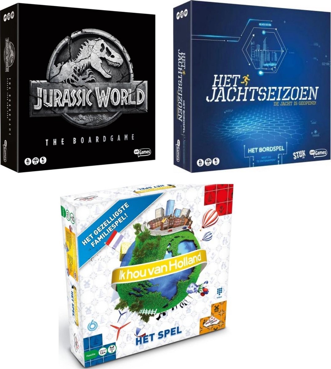 Spellenset - 3 Stuks - Jurassic World The Boardgame & Het Jachtseizoen & Ik Hou Van Holland Bordspel