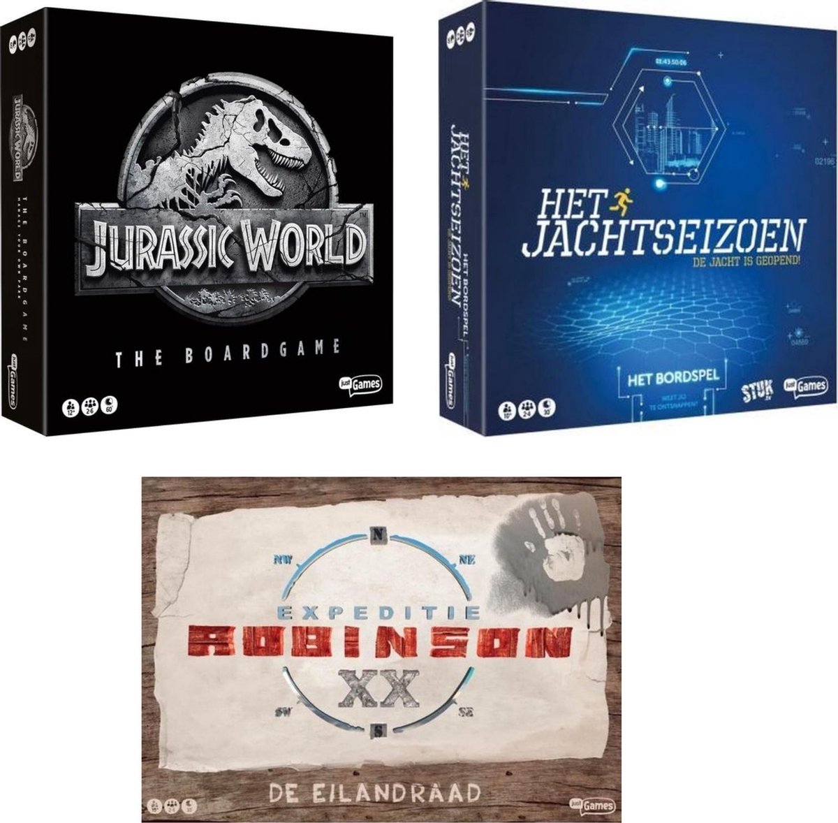 Spellenset - 3 Stuks - Jurassic World The Boardgame & Het Jachtseizoen & Expeditie Robinson De Eilandraad