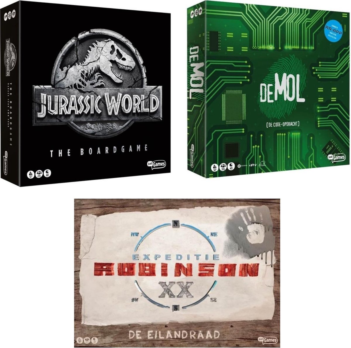 Spellenset - 3 Stuks - Jurassic World The Boardgame & Wie Is De Mol De Code Opdracht & Expeditie Robinson De Eilandraad