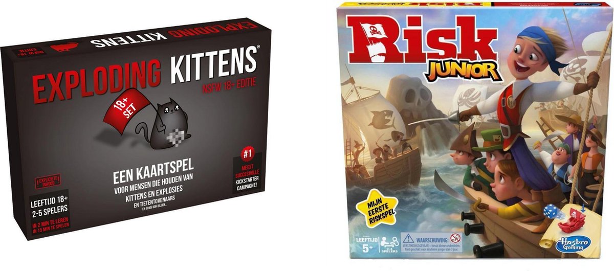 Hasbro Spellenset - Bordspel - 2 Stuks - Exploding Kittens Nsfw (18+) & Risk Junior