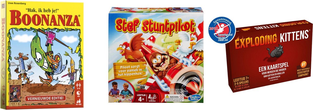 999Games Spellenbundel - Kaartspellen - 3 Stuks - Boonanza & Exploding Kittens & Stef Stuntpiloot