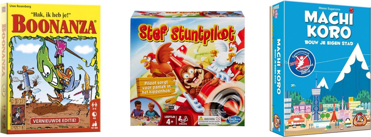 999Games Spellenbundel - Kaartspellen - 3 Stuks - Boonanza & Machi Koro Basisspel & Stef Stuntpiloot