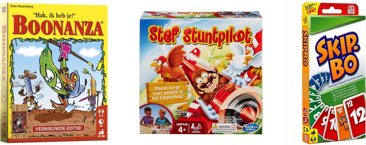 999Games Spellenbundel - Kaartspellen - 3 Stuks - Boonanza & Skip-bo & Stef Stuntpiloot