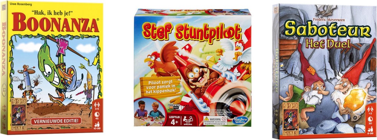 999Games Spellenbundel - Kaartspellen - 3 Stuks - Boonanza & Saboteur: Het Duel & Stef Stuntpiloot