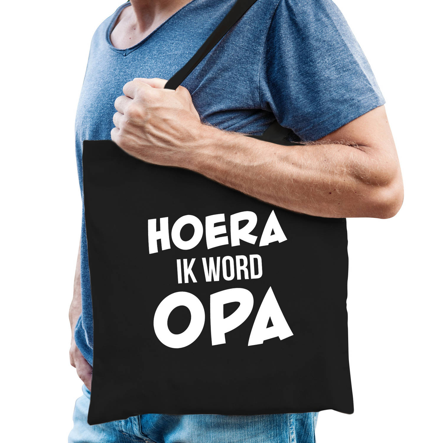 Bellatio Decorations Hoera Ik Word Opa Cadeau Katoenen Tas Voor Heren - Cadeau Aanstaande Opa - Feest Boodschappentassen - Zwart