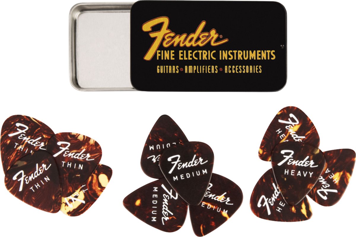 Fender Fine Electric Pick Tin plectrumdoosje met 12 tortoiseshell celluloid 351 plectra