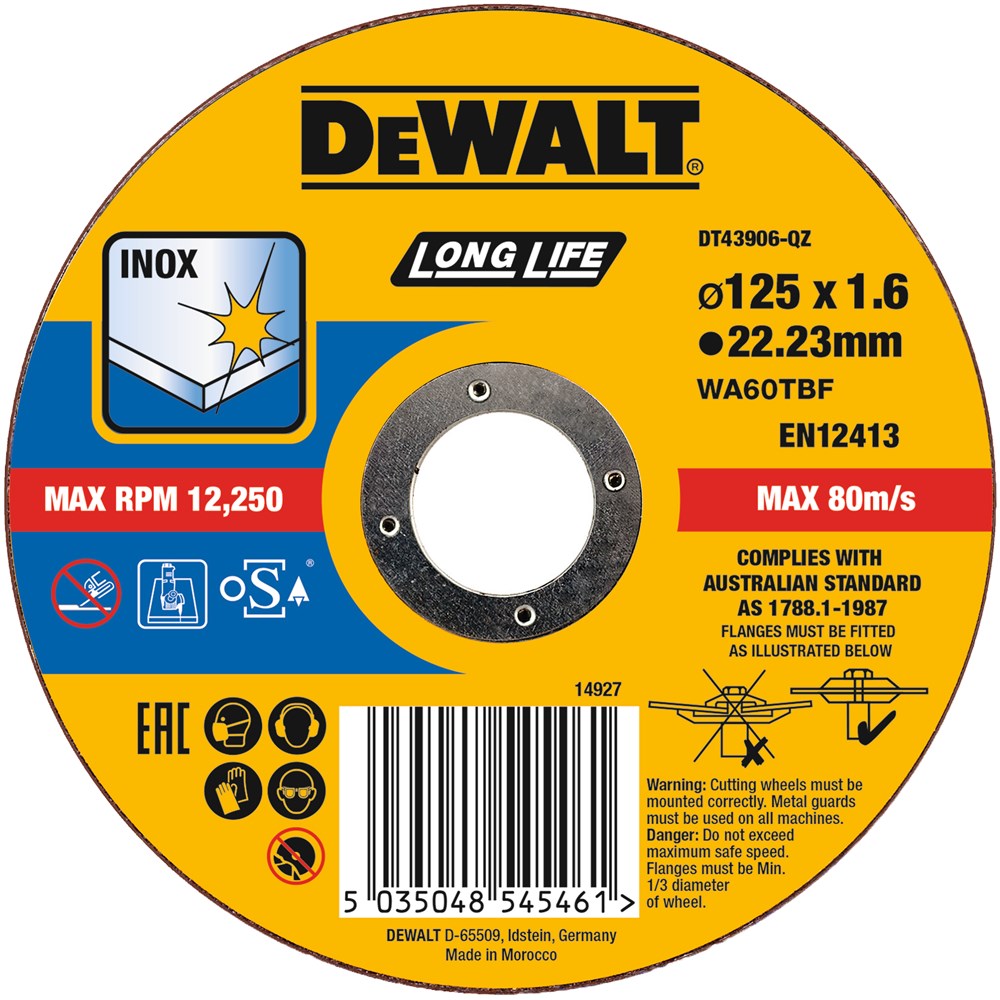 DeWalt Extreme 2X Doorslijpschijf INOX 125 x 1.6 x 22,2mm - DT43906-QZ