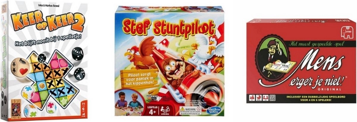 999Games Spellenbundel - 3 Stuks - Keer Op Keer 2 & Mens Erger Je Niet & Stef Stuntpiloot