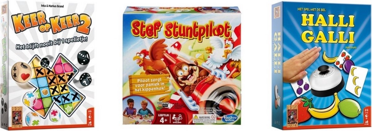 999Games Spellenbundel - 3 Stuks - Keer Op Keer 2 & Halli Galli & Stef Stuntpiloot