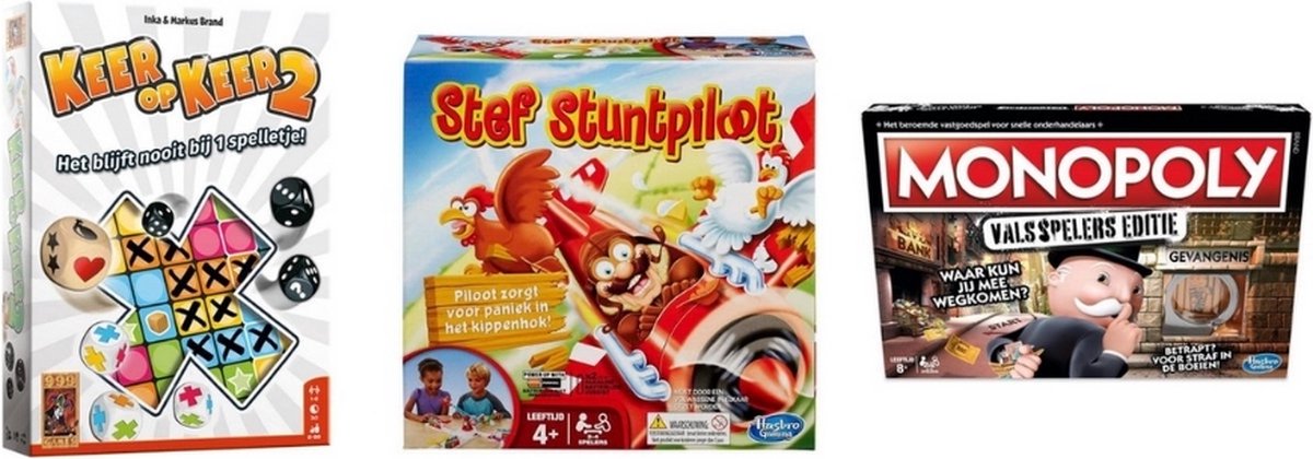 999Games Spellenbundel - 3 Stuks - Keer Op Keer 2 & Monopoly Valsspelerseditie & Stef Stuntpiloot