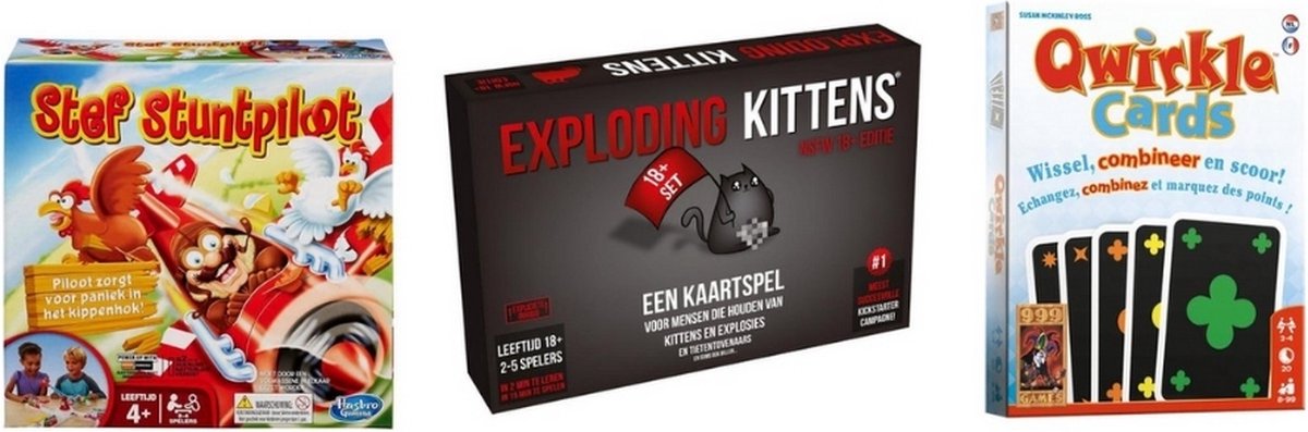 999Games Spellenbundel - 3 Stuks - Exploding Kittens Nsfw (18+) & Qwirkle & Stef Stuntpiloot