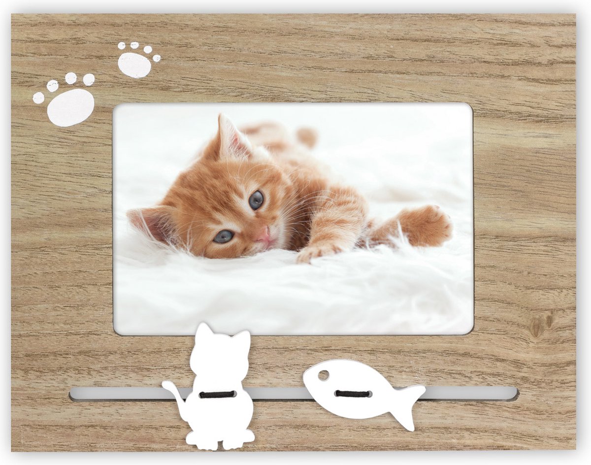 Houten Fotolijstje Met Katten Decoratie Geschikt Voor Een Foto Van 10 X 15 Cm - Fotolijsten - Bruin