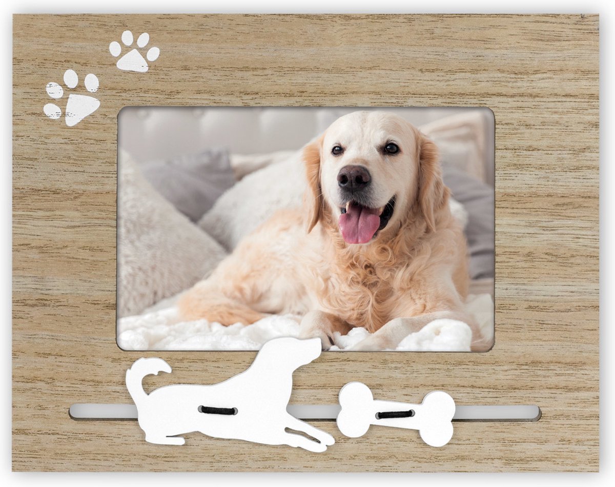 Houten Fotolijstje Met Honden Decoratie Geschikt Voor Een Foto Van 10 X 15 Cm - Fotolijsten - Bruin