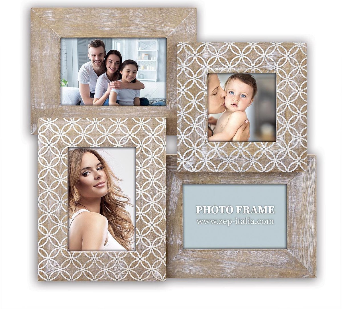 2x Stuks Multi Fotolijst Hout Naturel/wit Vintage Met 4 Lijstjes Geschikt Voor Diverse Maten Foto - Fotolijsten