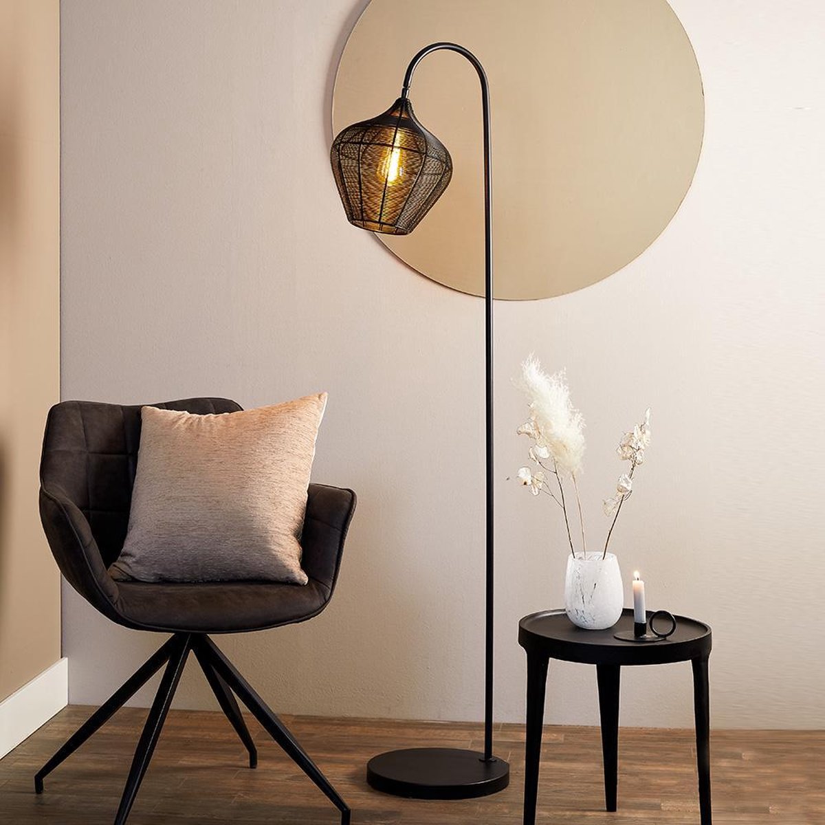 Light & Living Alvaro Vloerlamp Draad Kap - Zwart
