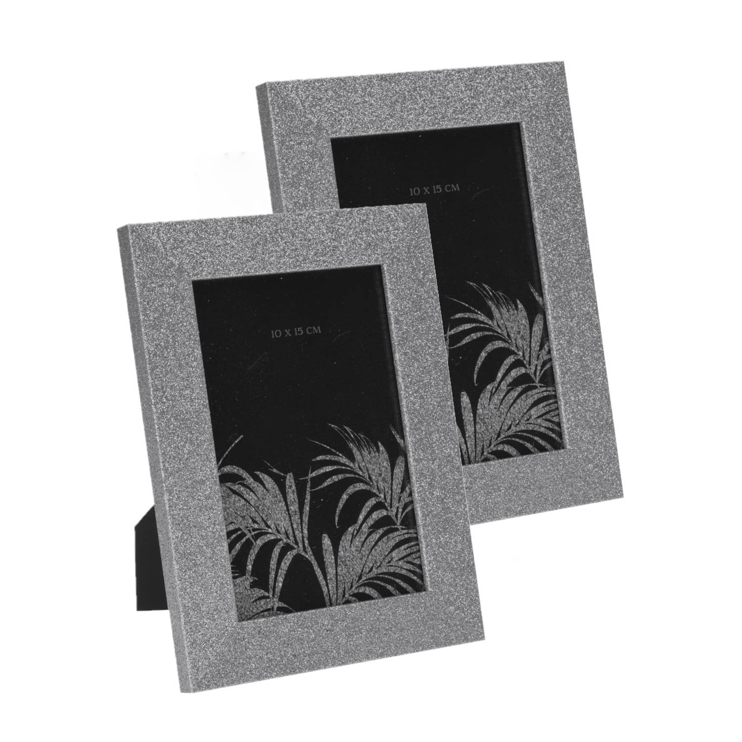 Bellatio Design Set Van 2x Stuks Fotolijstje/fotoframe 14 X 19 Cm Met Zilver Mdf Glitter Rand - Fotolijsten - Silver