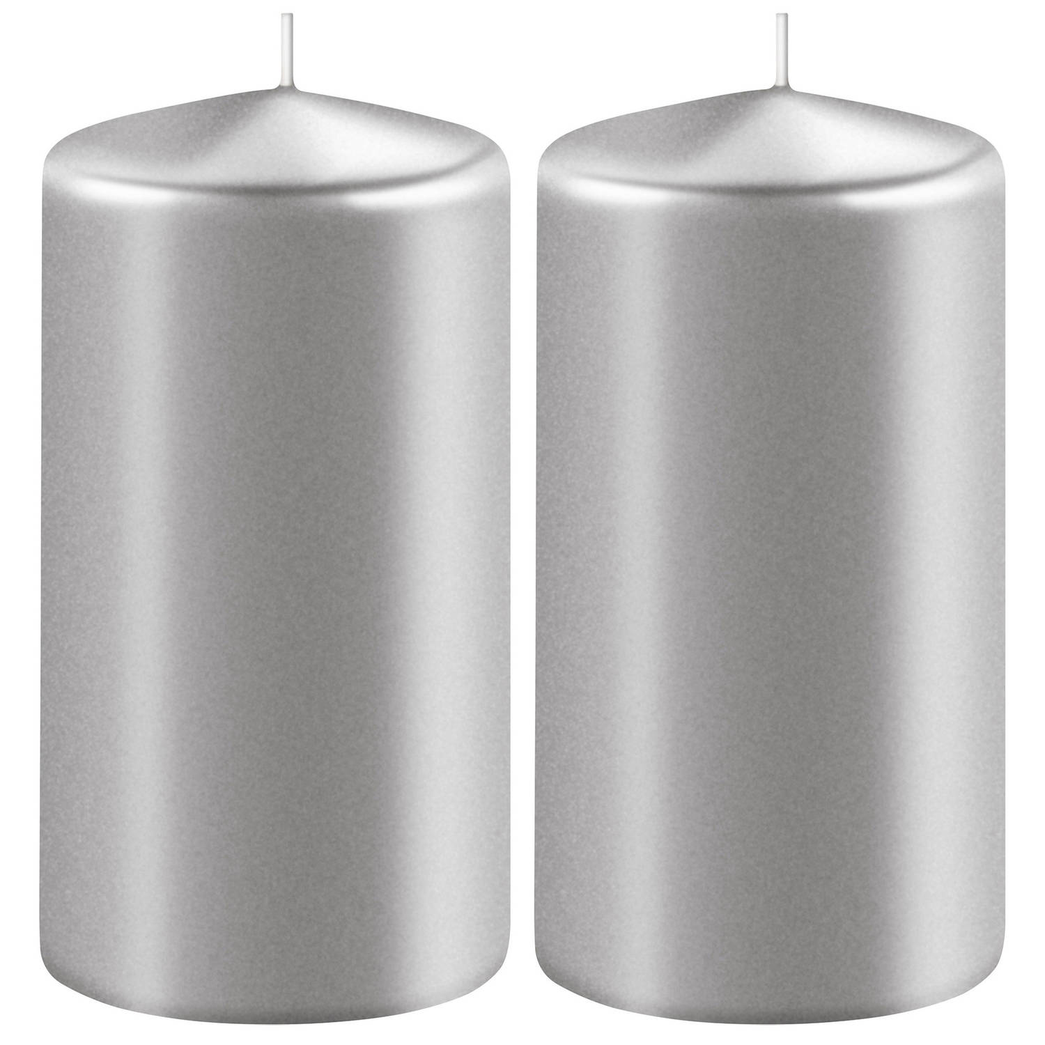 2x Metallic Zilveren Cilinderkaarsen/stompkaarsen 6 X 15 Cm 58 Branduren - Stompkaarsen - Silver